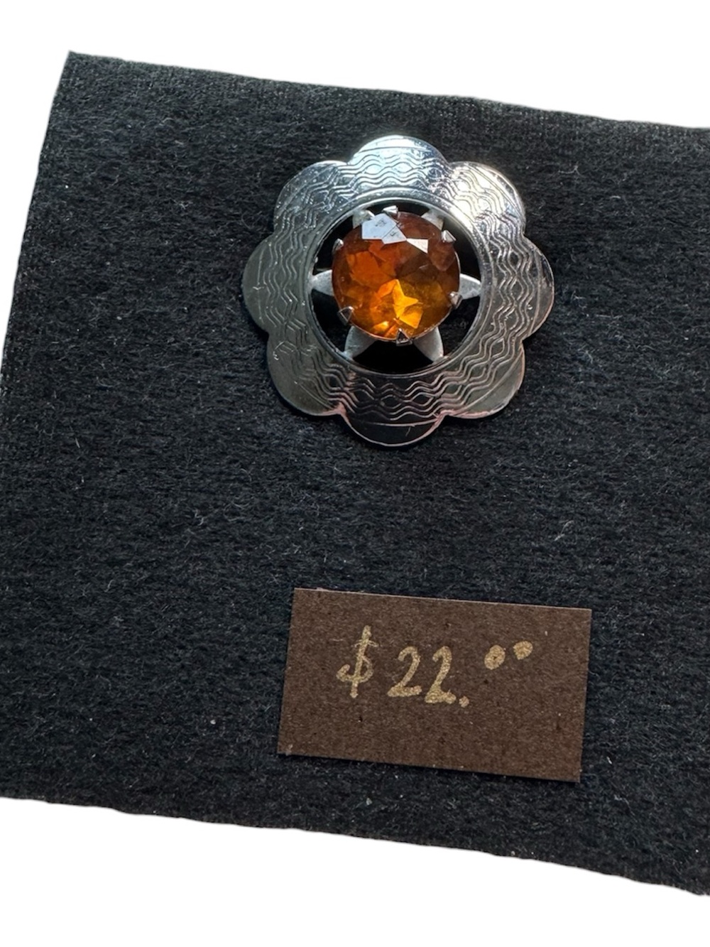 Silver Flower Pin with Amber Gem